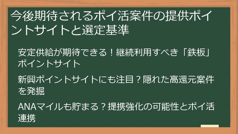 今後期待されるポイ活案件の提供ポイントサイトと選定基準