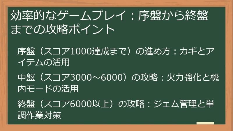 効率的なゲームプレイ：序盤から終盤までの攻略ポイント