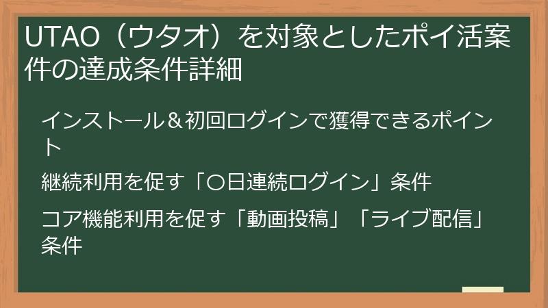UTAO（ウタオ）を対象としたポイ活案件の達成条件詳細