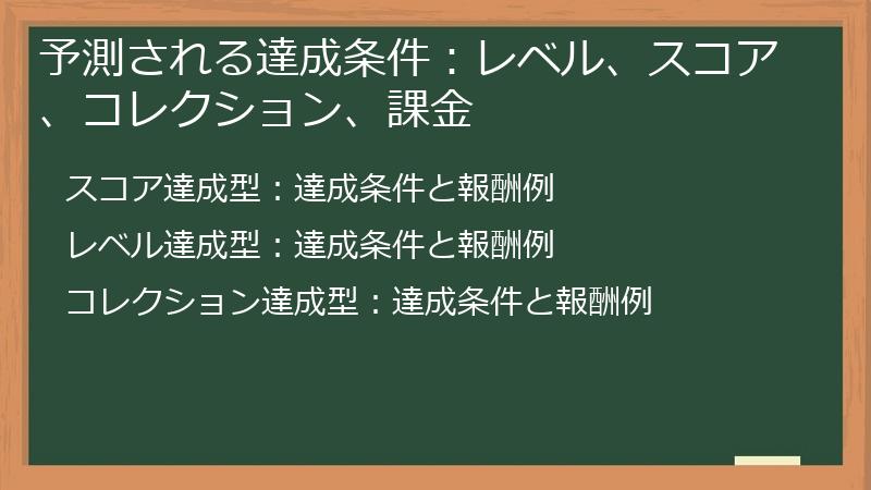 予測される達成条件：レベル、スコア、コレクション、課金