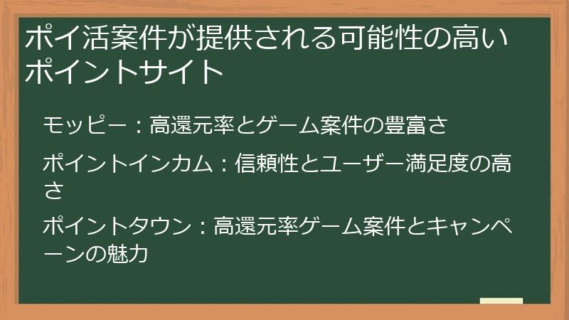 ポイ活案件が提供される可能性の高いポイントサイト