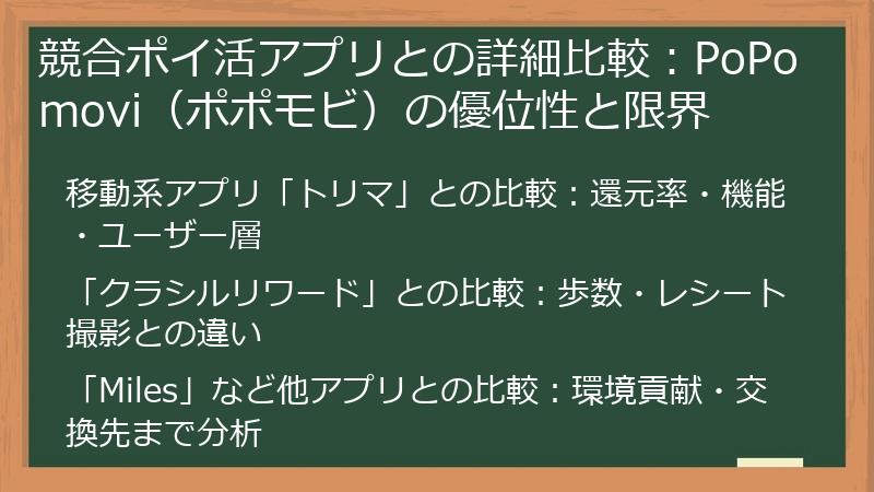 競合ポイ活アプリとの詳細比較：PoPomovi（ポポモビ）の優位性と限界