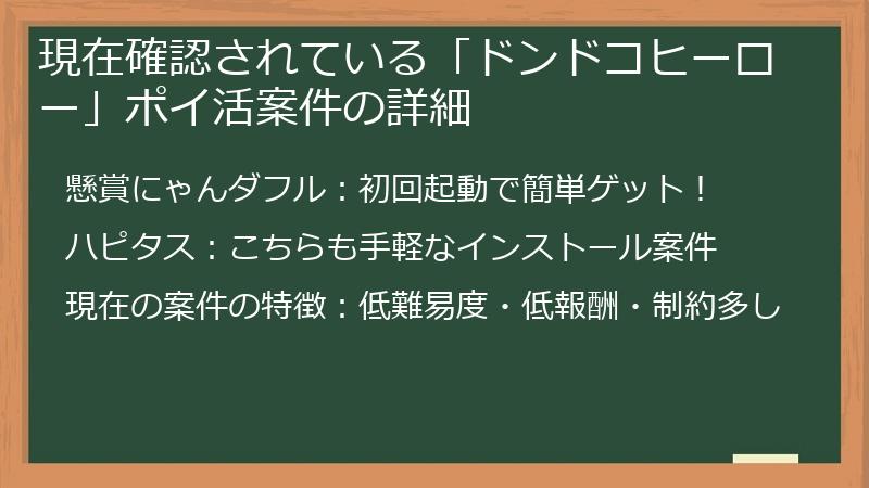 現在確認されている「ドンドコヒーロー」ポイ活案件の詳細