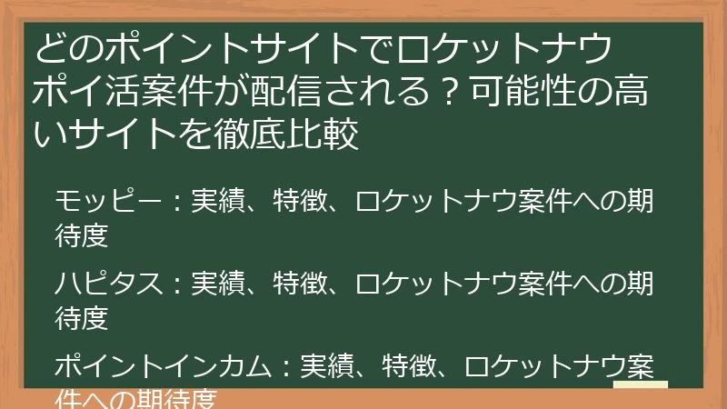 どのポイントサイトでロケットナウ ポイ活案件が配信される？可能性の高いサイトを徹底比較