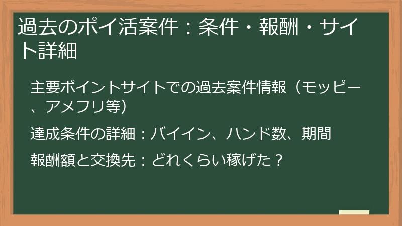 過去のポイ活案件：条件・報酬・サイト詳細