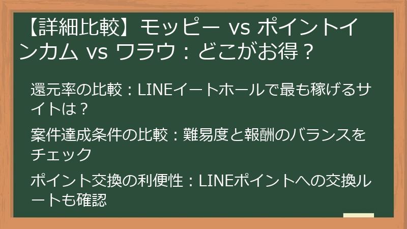 【詳細比較】モッピー vs ポイントインカム vs ワラウ：どこがお得？