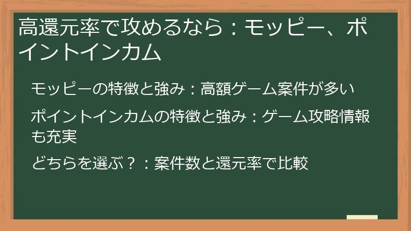 高還元率で攻めるなら：モッピー、ポイントインカム