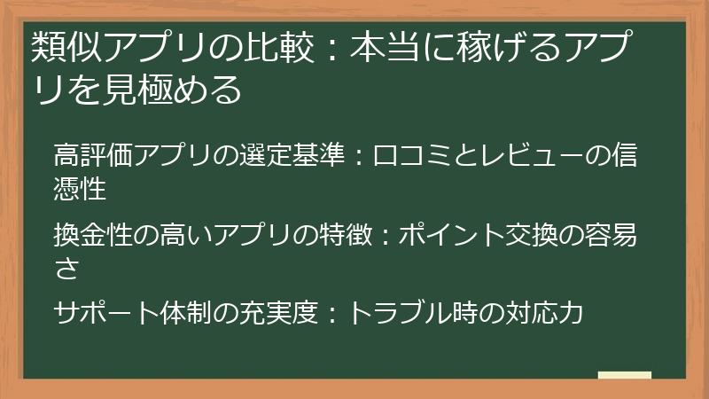 類似アプリの比較：本当に稼げるアプリを見極める