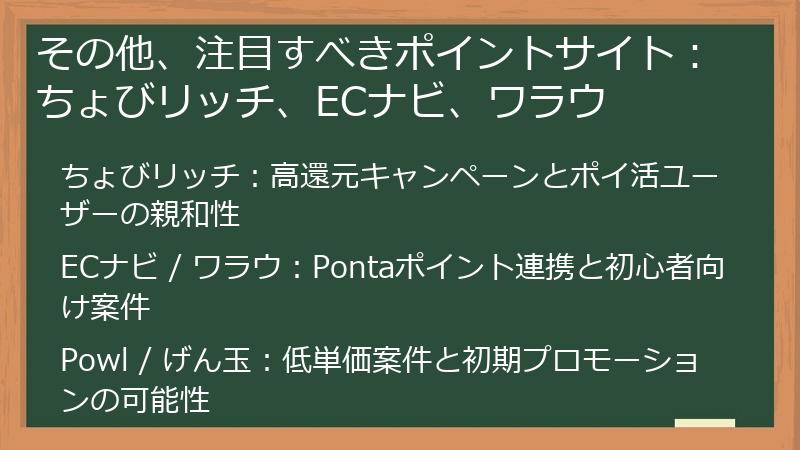 その他、注目すべきポイントサイト:ちょびリッチ、ECナビ、ワラウ
