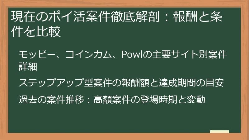 現在のポイ活案件徹底解剖：報酬と条件を比較