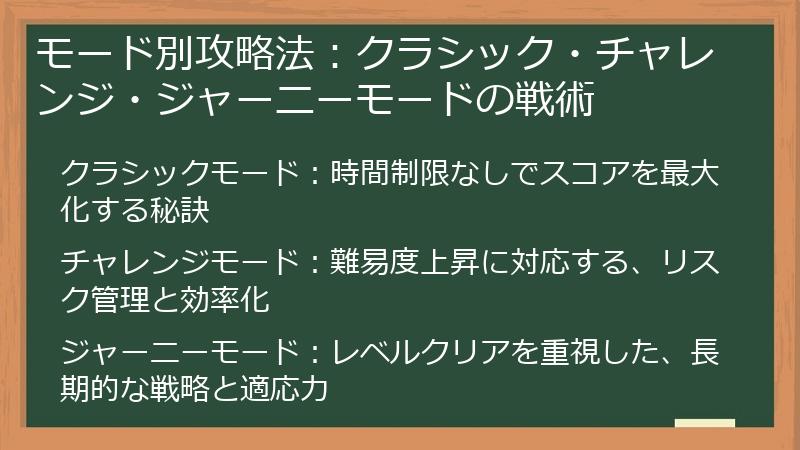 モード別攻略法：クラシック・チャレンジ・ジャーニーモードの戦術