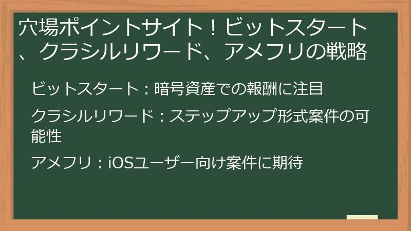 穴場ポイントサイト！ビットスタート、クラシルリワード、アメフリの戦略