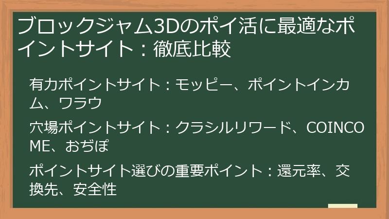 ブロックジャム3Dのポイ活に最適なポイントサイト：徹底比較