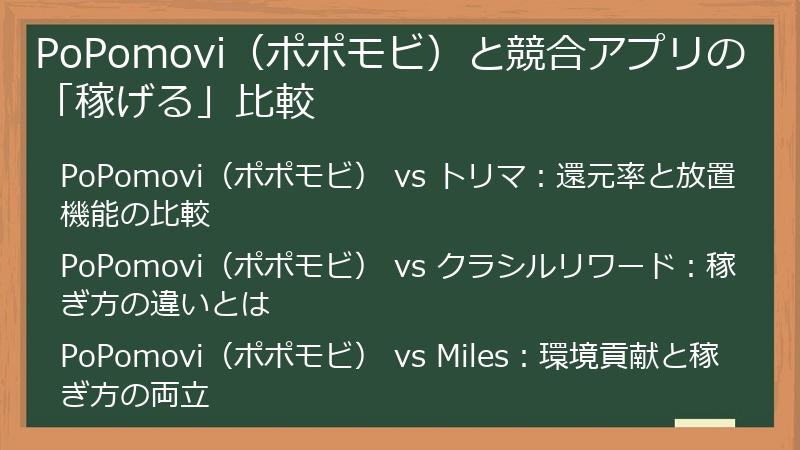 PoPomovi（ポポモビ）と競合アプリの「稼げる」比較