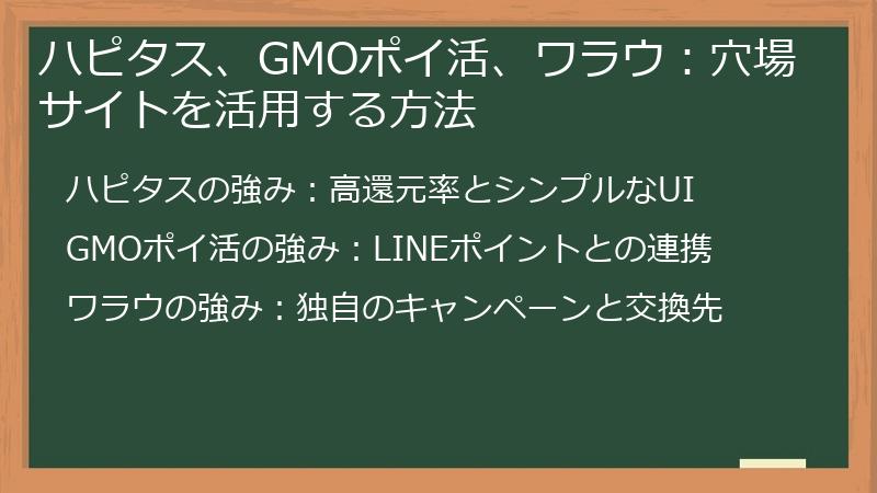 ハピタス、GMOポイ活、ワラウ：穴場サイトを活用する方法