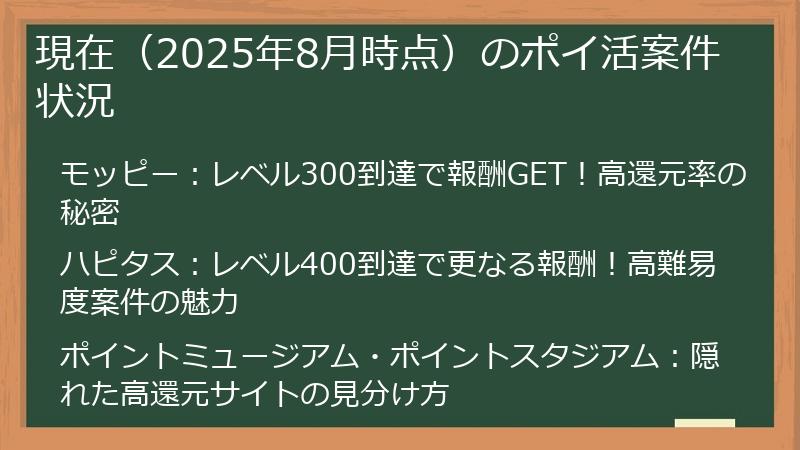 現在（2025年8月時点）のポイ活案件状況