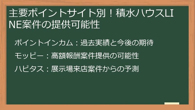 主要ポイントサイト別！積水ハウスLINE案件の提供可能性