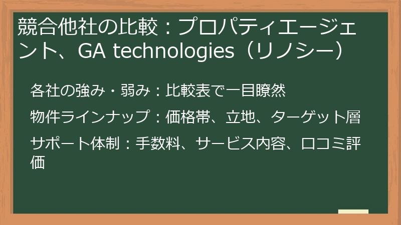 競合他社の比較：プロパティエージェント、GA technologies（リノシー）