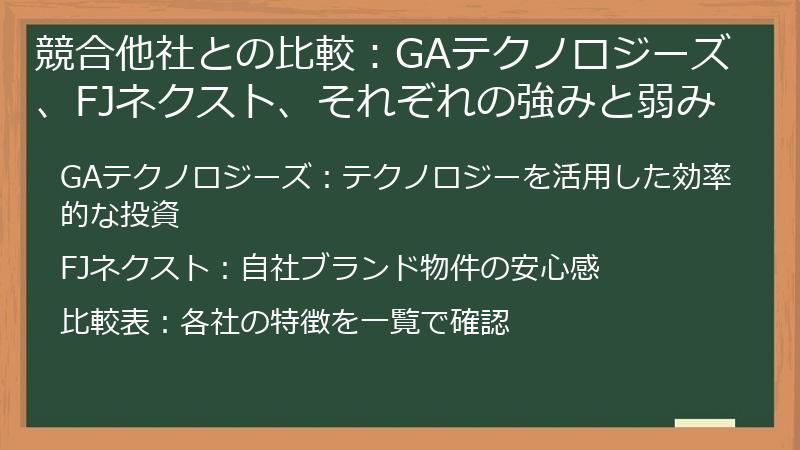 競合他社との比較：GAテクノロジーズ、FJネクスト、それぞれの強みと弱み