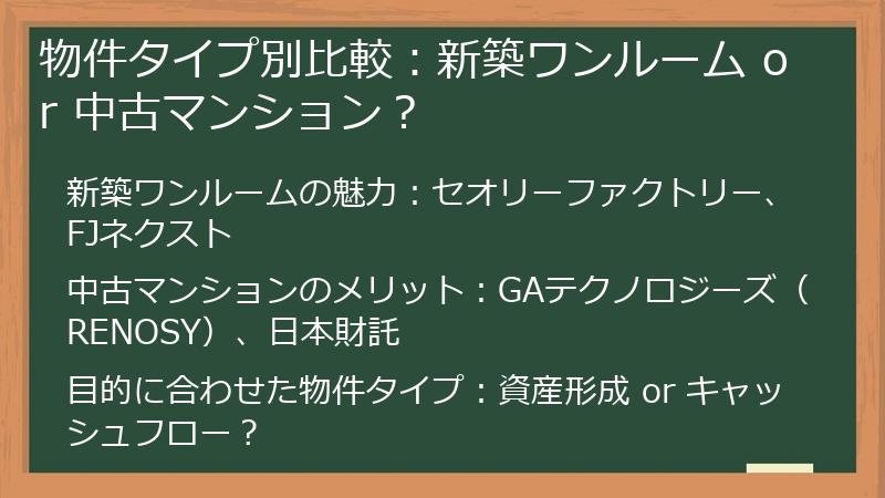 物件タイプ別比較：新築ワンルーム or 中古マンション？