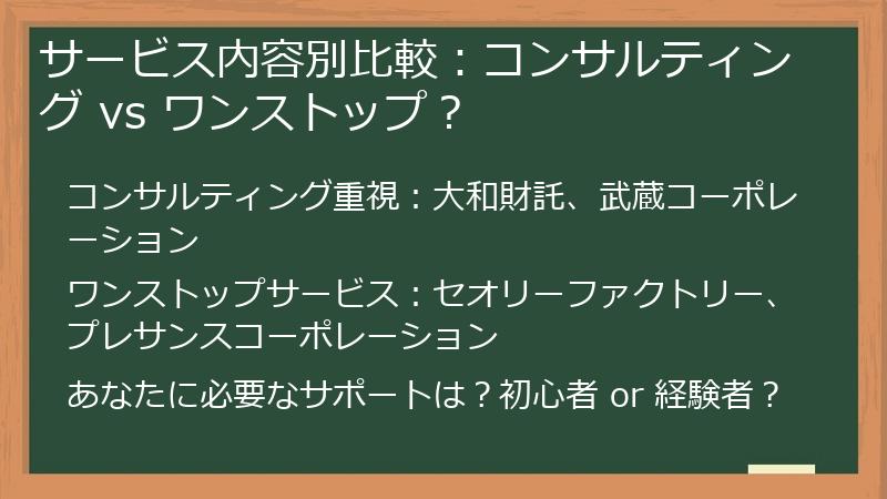 サービス内容別比較：コンサルティング vs ワンストップ？