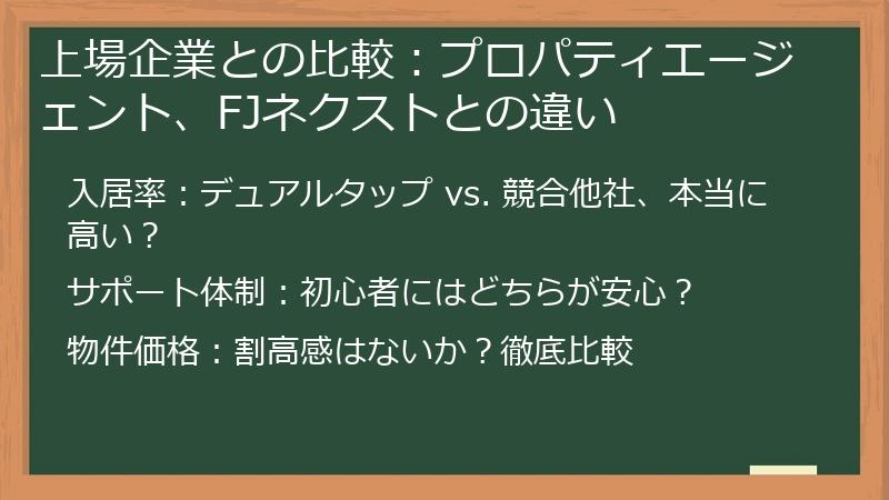 上場企業との比較：プロパティエージェント、FJネクストとの違い