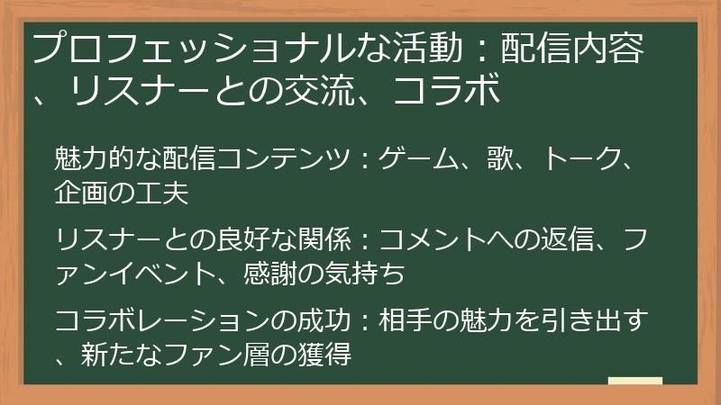 プロフェッショナルな活動：配信内容、リスナーとの交流、コラボ