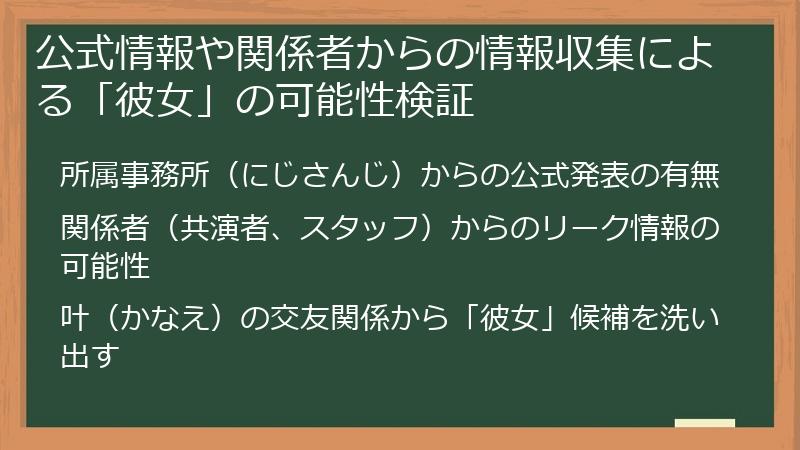 公式情報や関係者からの情報収集による「彼女」の可能性検証