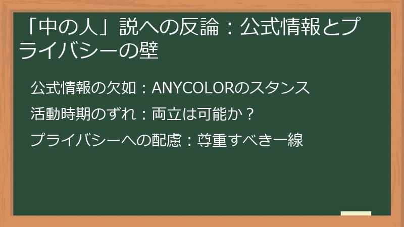「中の人」説への反論：公式情報とプライバシーの壁