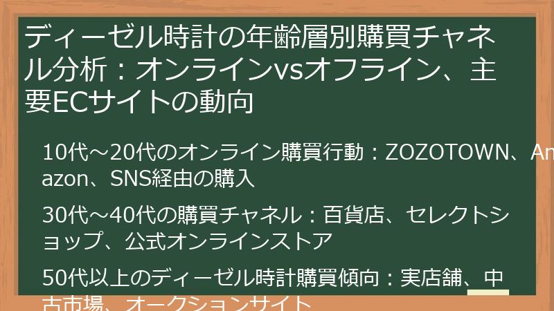 ディーゼル時計の年齢層別購買チャネル分析：オンラインvsオフライン、主要ECサイトの動向