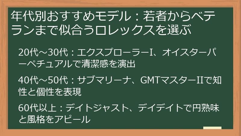 年代別おすすめモデル：若者からベテランまで似合うロレックスを選ぶ