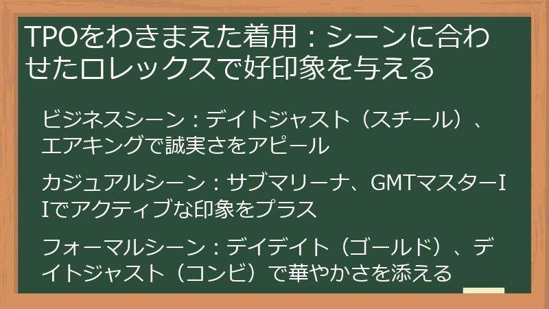 TPOをわきまえた着用：シーンに合わせたロレックスで好印象を与える