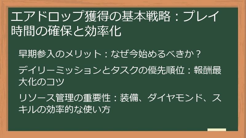 エアドロップ獲得の基本戦略：プレイ時間の確保と効率化