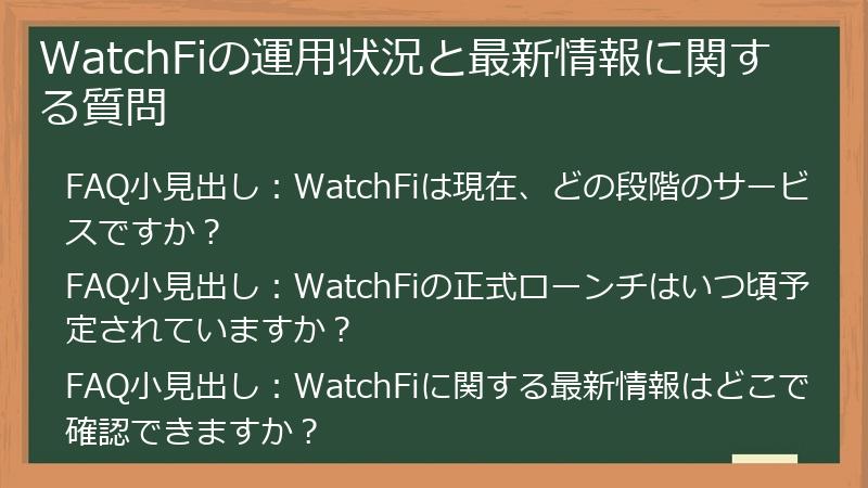 WatchFiの運用状況と最新情報に関する質問