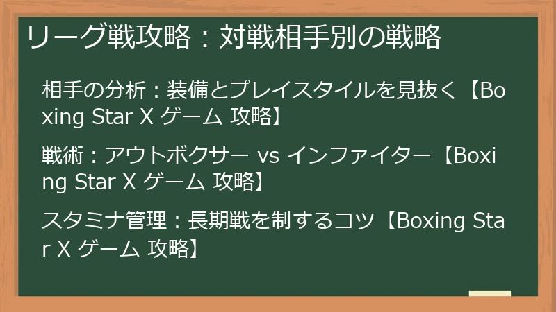 リーグ戦攻略：対戦相手別の戦略