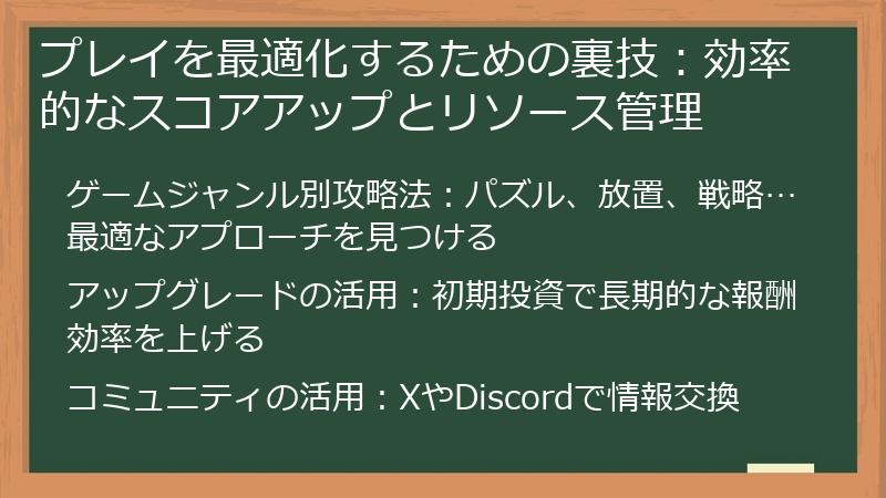 プレイを最適化するための裏技：効率的なスコアアップとリソース管理