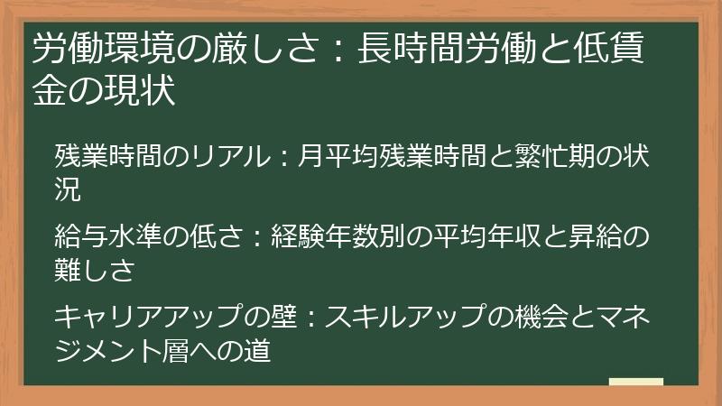 労働環境の厳しさ：長時間労働と低賃金の現状