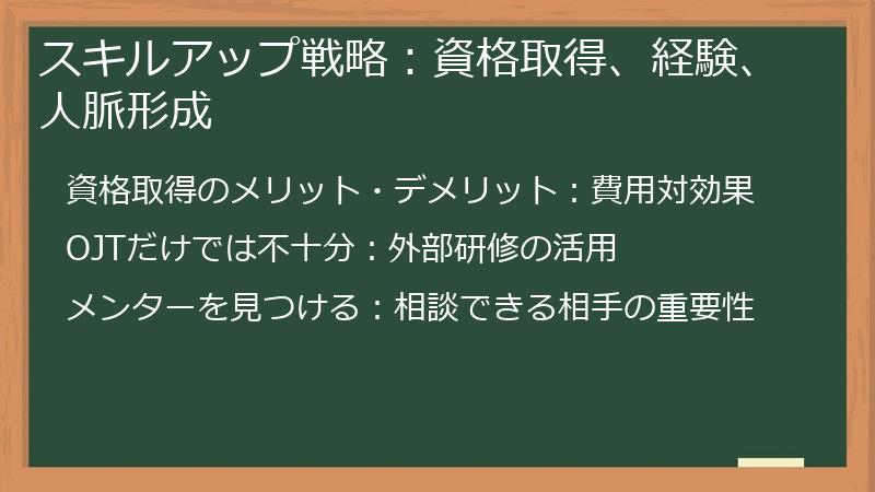スキルアップ戦略：資格取得、経験、人脈形成