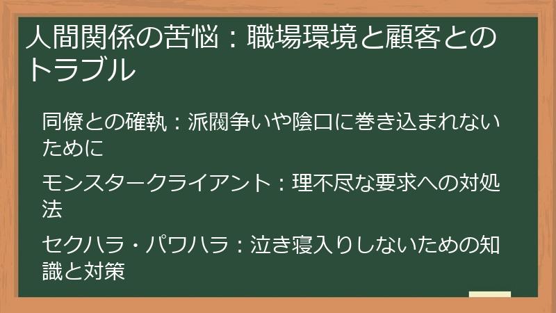 人間関係の苦悩：職場環境と顧客とのトラブル