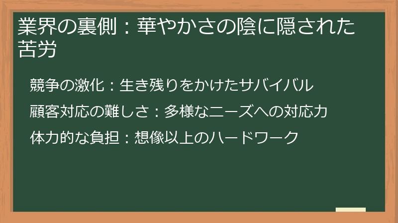 業界の裏側：華やかさの陰に隠された苦労