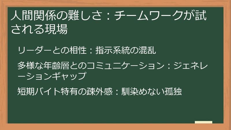 人間関係の難しさ：チームワークが試される現場